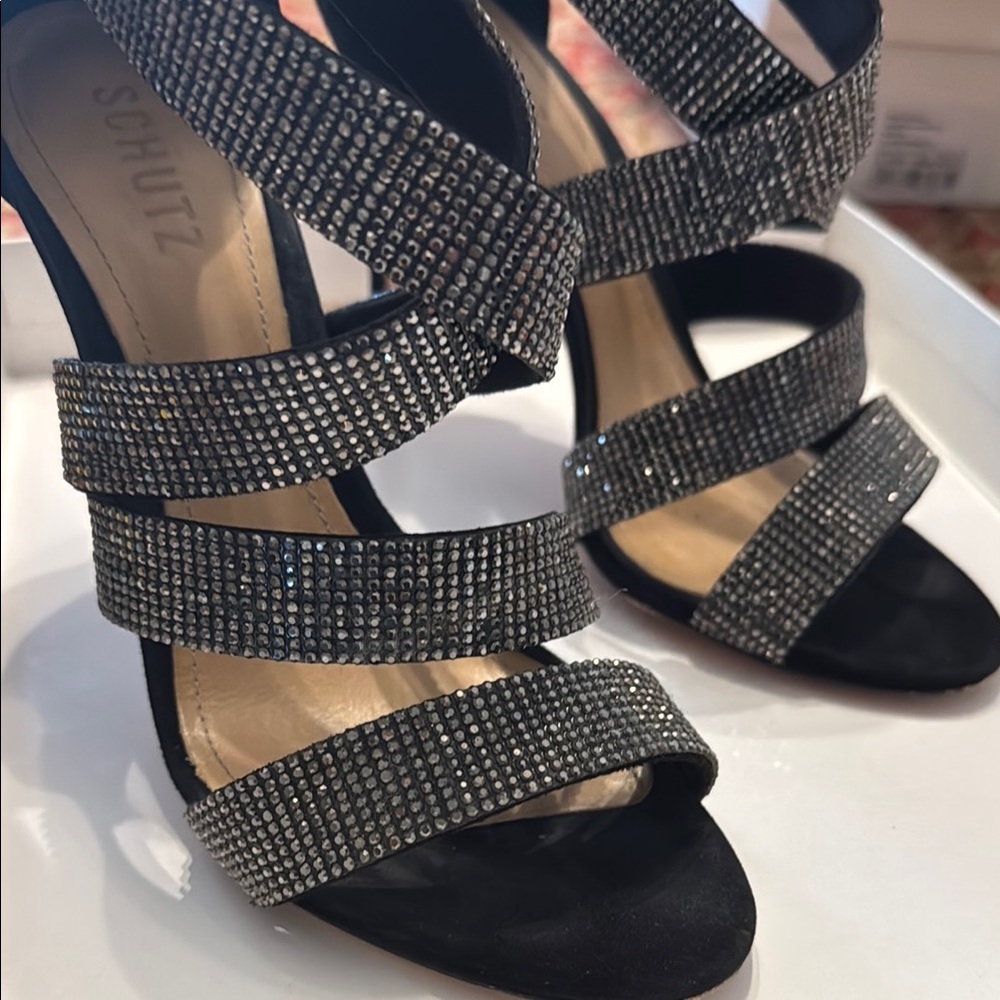 SCHUTZ Black and Silver Strappy Stiletto Heels